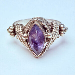 Amethyst .75 CT Solitaire Rope & Granule Sterling Silver 925 Vintage Boho Ring